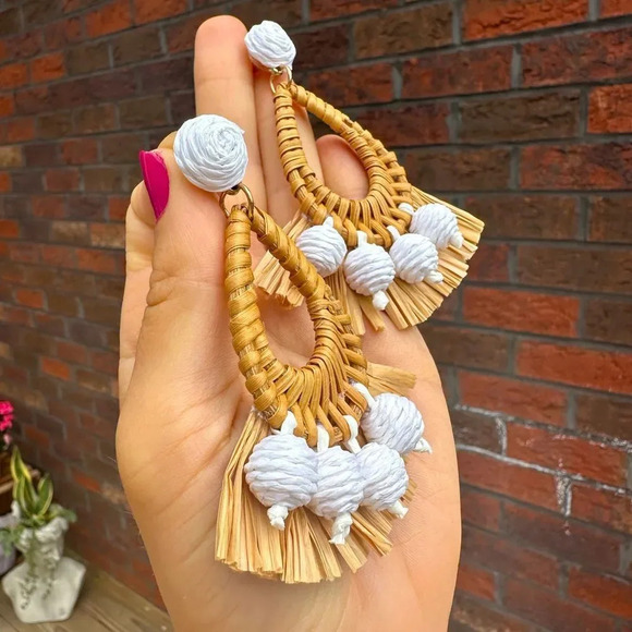 Mykonos Bohemian Raffia Rattan Breaded Earrings - Picture 7 of 7